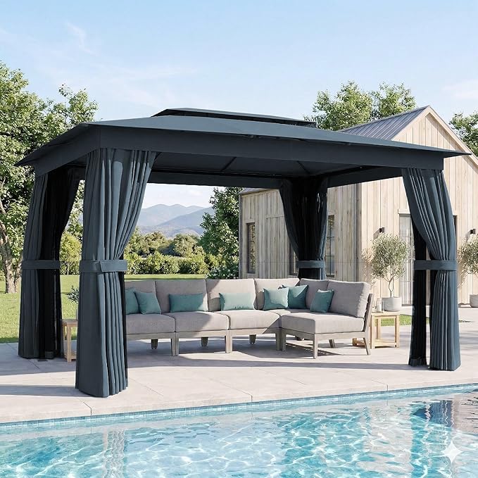Outsunny 10' x 12' Outdoor Patio Gazebo, Heavy Duty Gazebo Canopy Shelter with Double Roof, Curtains, Netting, Steel Frame, UPF30+ Protection, Ceiling Hooks for Lawn, Backyard, Deck, Blue