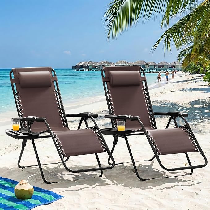 Homall Zero Gravity Chair Patio Folding Lawn Outdoor Lounge Gravity Camp Reclining Lounge Chair with Cup Holder Pillows for Poolside Backyard and Beach Set of 4 (Brown)