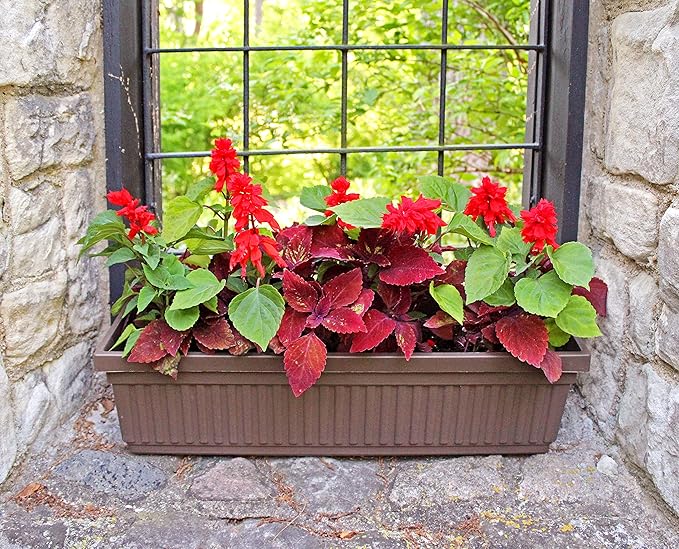 The HC Companies 18 Inch Venetian Rectangular Window Planter Box - Lightweight Plastic Indoor Outdoor Plant Pot with Drainage for Windowsill, Herbs, Flowers, Clay (Pack of 2)