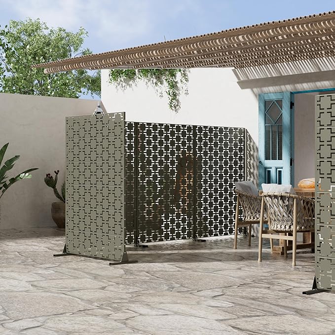 Casaphoria Metal Privacy Screen Outdoor, 72" H x 47" W Freestanding Decorative Privacy Screen for Patio Deck Balcony Garden with Stable Base, Grey-Square