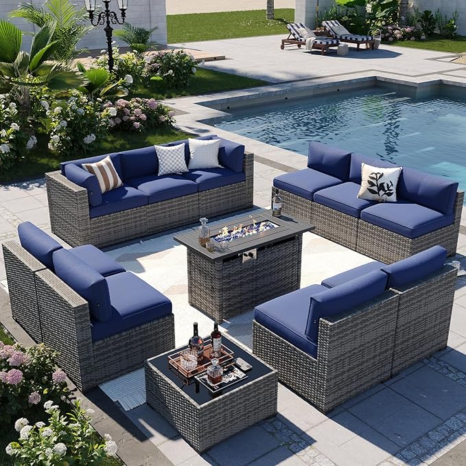Aoxun Patio Furniture Sets, 12-Piece Outdoor Patio Furniture with 44'' Propane Gas Firepit Table, Wicker Outdoor Conversation Set Sectional Sofa for Backyard, Poolside, Garden