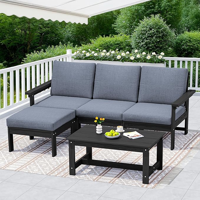 SERWALL Outdoor Sectional Sofa Set, 5-piece Outdoor Modula Couch Set with Ottoman, All Weather Patio Furniture Set with Chaise for Deck, Lawn, Black Frame with Gray Cushion