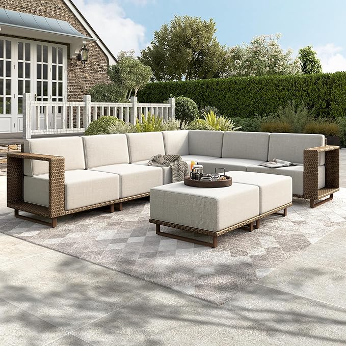 HERA'S HOUSE 8 Pieces Patio Furniture Set, 6 Sectional Outdoor Rattan Wicker Sofas with 2 Ottomans, All Weather Patio Conversation Set with 5.3" Widened Armrest, 10" Premium Ultra Thick Comfy Cushion
