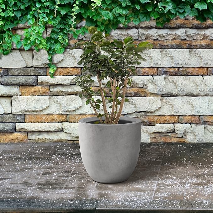 Kante 13.4" Dia Round Concrete Planter, Large Outdoor Modern Indoor Decorative Plant Pots with Drainage Hole and Rubber Plug for Home and Garden, Natural Concrete