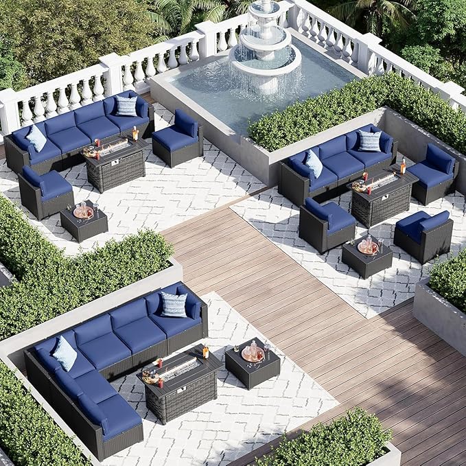 Aoxun 8 Piece Patio Furniture Set with 44” Fire Pit Table, Wicker Rattan Patio Sectional Sofa, Outdoor Furniture Set with Thickened Cushion, Blue