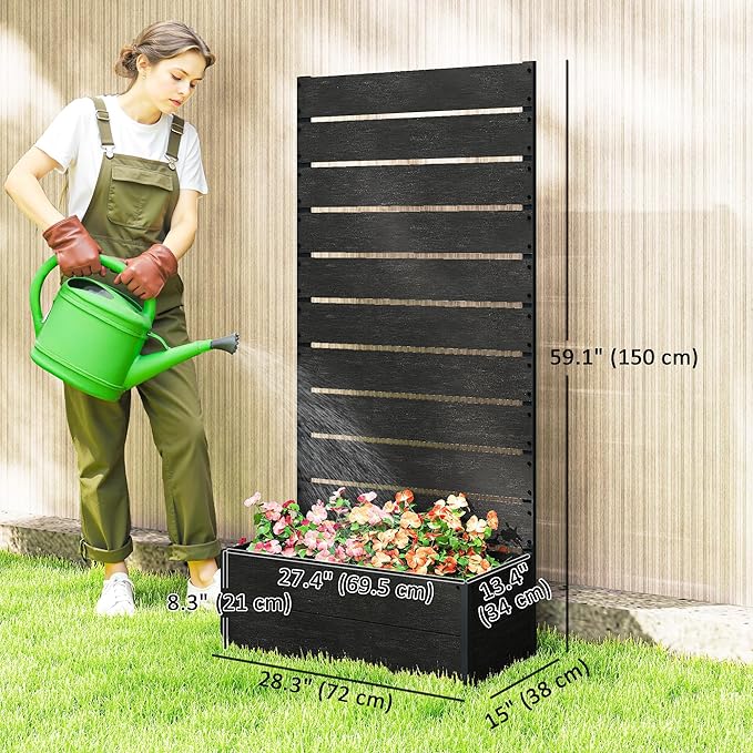 Outsunny Raised Garden Bed with Trellis for Climbing Plants, Planter Box with Self Draining Gap, Freestanding Trellis Planter for Outdoor, Patio, Deck, 28.25" x 15" x 59", Black