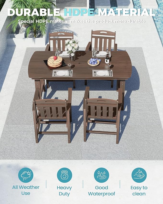 Ciokea HDPE Outdoor Dining Set, 5-Piece Patio Table and Chairs Set with Umbrella Hole, All-Weather Patio Dining Sets for 4, Durable Patio Furniture for Backyard, Garden, Lawn & Poolside, Brown