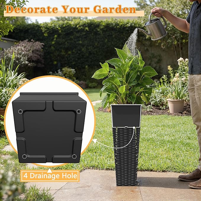 Greesum 24 Inch Tall Plastic Planters with Rattan Texture – Set of 2, Detachable Inner Pot & Drainage Holes, Indoor/Outdoor Decorative Flower Pots for Large Plants, Trees, Patio, and Garden, Black