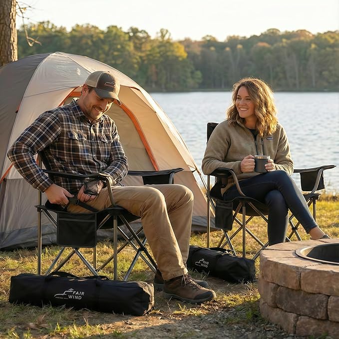 FAIR WIND Heavy Duty Camping Chair, Oversized Padded Folding Chair for Big and Tall (450lbs), Extra Wide Seat with Integrated Cooler & Storage Pocket, Adjustable Lumbar Support for Outdoor