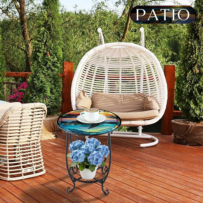 Outdoor Side Table Round Small Mosaic Patio Accent Indoor End Plant Coffee Tea Table for Yard Patio Porch Garden Living Room, Bedroom(Turtle Style,12 Inch)