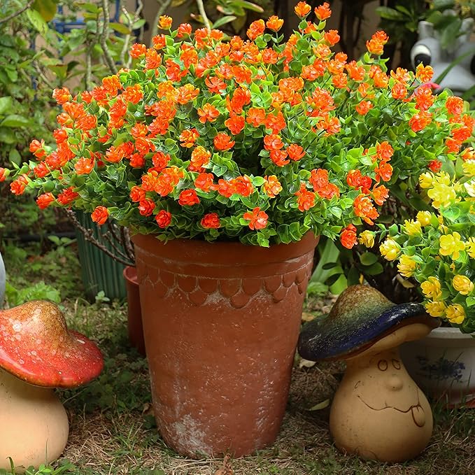 20 Bundles Artificial Fall Flowers Outdoor Fake Flowers, UV Resistant No Fade Faux Plastic Greenery Shrubs Plants for Hanging Garden Porch Window Box Outside Decoration,Home Indoor Decor Orange