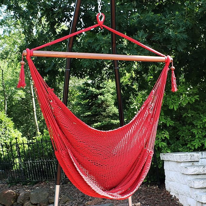 Sunnydaze Outdoor Hammock Chair Swing - Hanging Hammock Swing - Hanging Reading Chair - Soft-Spun Polyester Rope - Caribbean XL - Red