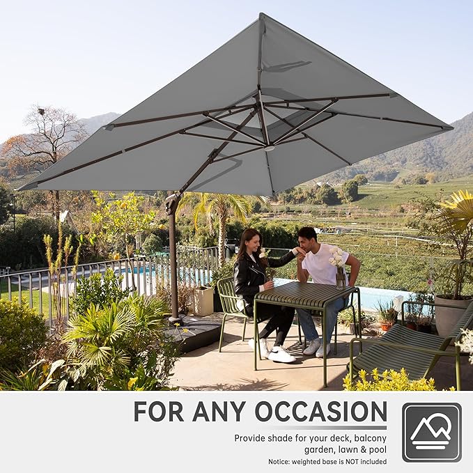 10 X 13 FT Cantilever Outdoor Patio Umbrella with Base Included Large Heavy Duty 360° Rotation Double Top Offset Rectangular Umbrellas with Led Lights for Backyard Outside Deck,Grey