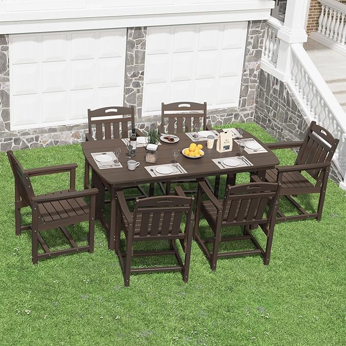 HDPE Outdoor Patio Dining Set with Table & 6 Chairs, All-Weather 7-Piece Outdoor Table and Chairs, 2" Umbrella Hole, Patio Furniture for Garden, Backyard, Deck | Brown