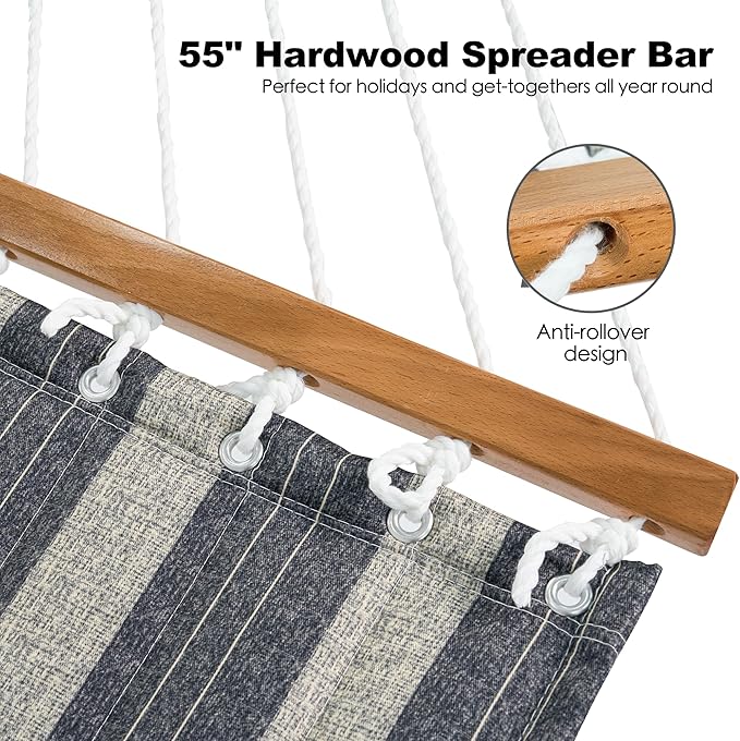 2 Person Hammocks for Outside, Double Quilted Fabric Outdoor Hammock with Spreader Bar, Large Removable Pillow, Storage Pockets, Carabiners, Max 475 lbs Capacity (Mountain Mist Gray)