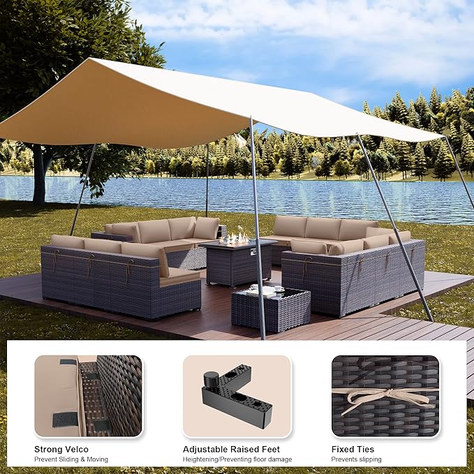Kullavik 15 Pieces Outdoor Patio Furniture Set with 43" 55000BTU Gas Propane Fire Pit Table PE Wicker Rattan Sectional Sofa Patio Conversation Sets,Sand