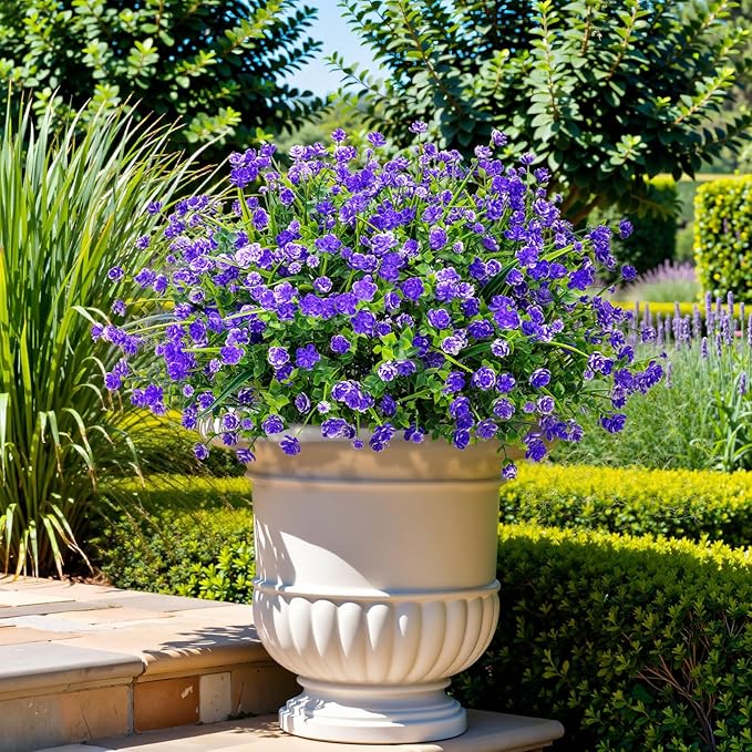 20 Bundles Artificial Flowers for Outdoors Fake Plastic Flowers UV Resistant Realistic Faux Plants Shrubs for Spring Summer Garden Porch Yard Patio Planter Window Box Home Decor, Purple