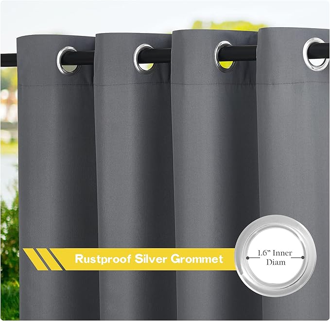 NICETOWN Patio Curtains Outdoor Waterproof 2 Panels, Stainless Steel Ring Top Outdoor Indoor Window Drapes Keep Rain Out for Gazebo/Playground/Porch, W55 x L95 Inch, Grey