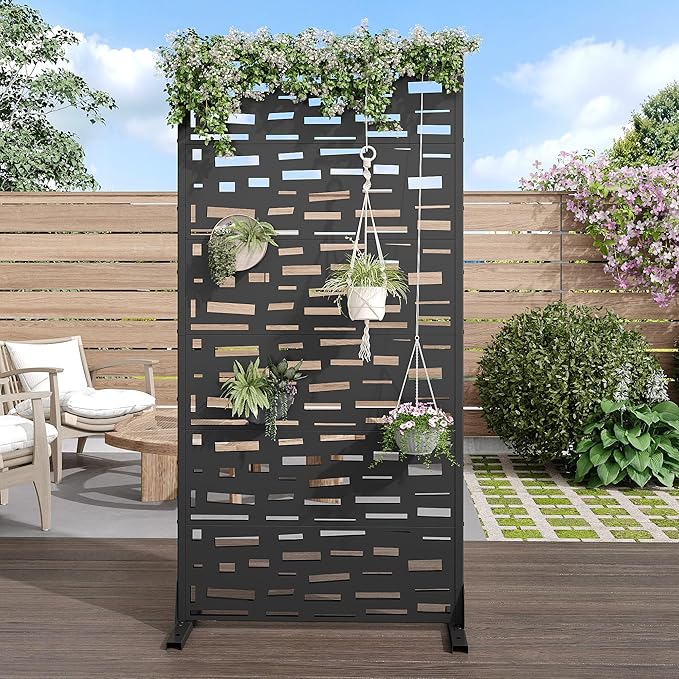 Casaphoria 72" H x 35" W Metal Outdoor Privacy Screen, Freestanding Decorative Divider for Patio, Deck, Balcony, and Garden with Stable Base, Black-Gerald