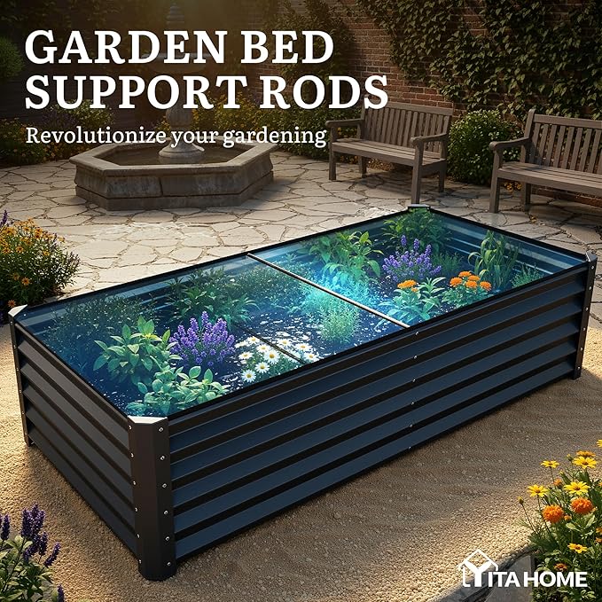 YITAHOME 2pcs 8x4x1.5 ft Galvanized Raised Garden Bed Kit, Large Metal Planter Box with Gloves, Safety Rubber & Support Rod, Outdoor Flower Bed for Plants Vegetables, Black