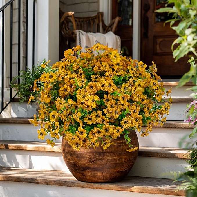 Artificial Fall Flowers for Outdoors Fake Mums - 16 Bundles Faux Plants Outside Greenery Boxwood No Fade Plastic Shrubs Decor Farmhouse Home Garden Thanksgiving (Yellow)
