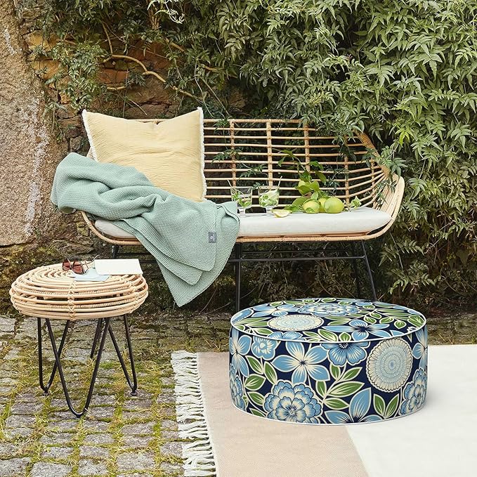 LVTXIII Inflatable Stool Ottoman Footrest with Handle, Decorative Fade-Resistant Foot Stool, Indoor or Outdoor Pouf for Home Garden and Camping Use, 21x21x9, Azure Botanical Symphony‌