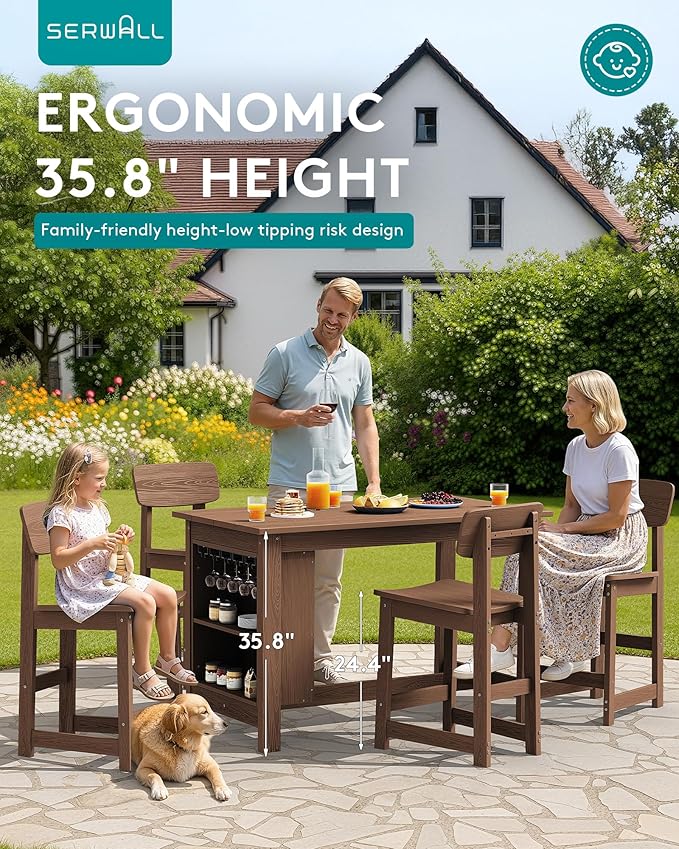 SERWALL Outdoor Bar Table, All Weather HDPE 36" Counter Height Dining Table with Storage and Wine Rack for Patio, Garden, Backyard, Balcony, Poolside, Brown