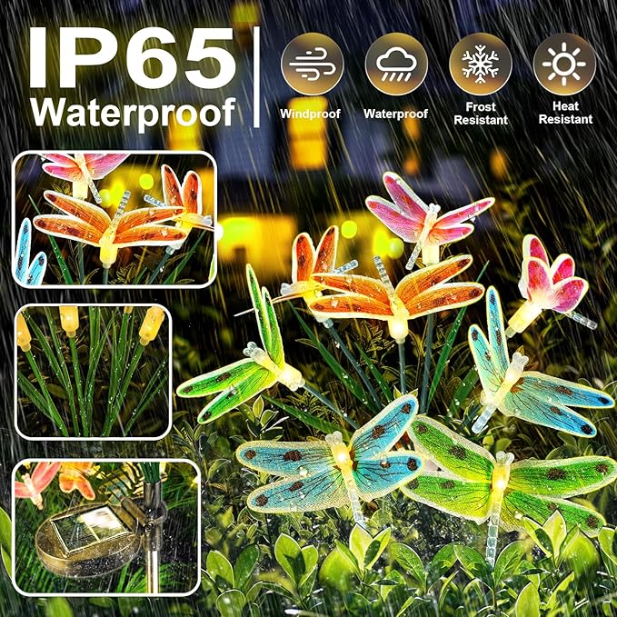 Anordsem Solar Garden Lights Outdoor: 8 Removable Optical Fiber Dragonflies 2 Pack - Waterproof Fun Animal Decoration for Yard Patio Path - Gardening Gifts for Garden Lovers Over 30