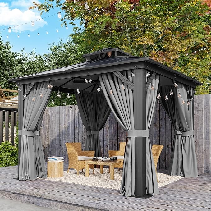 Aoxun 10'x10' Hardtop Gazebo, Outdoor Polycarbonate Double Top Canopy, Aluminum Frame Gazebo with Netting and Curtains, Sunshade for Patios, Gardens, Lawns, Gray