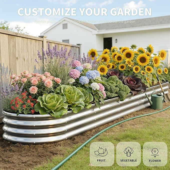 Galvanized Metal Raised Garden Bed Kit for Outdoor Planter Boxes with Easy Assembly,Oval Large Galvanized Gardening Raised Bed for Vegetables, Fruits, Flower (Silver, 12 * 2 * 1ft)