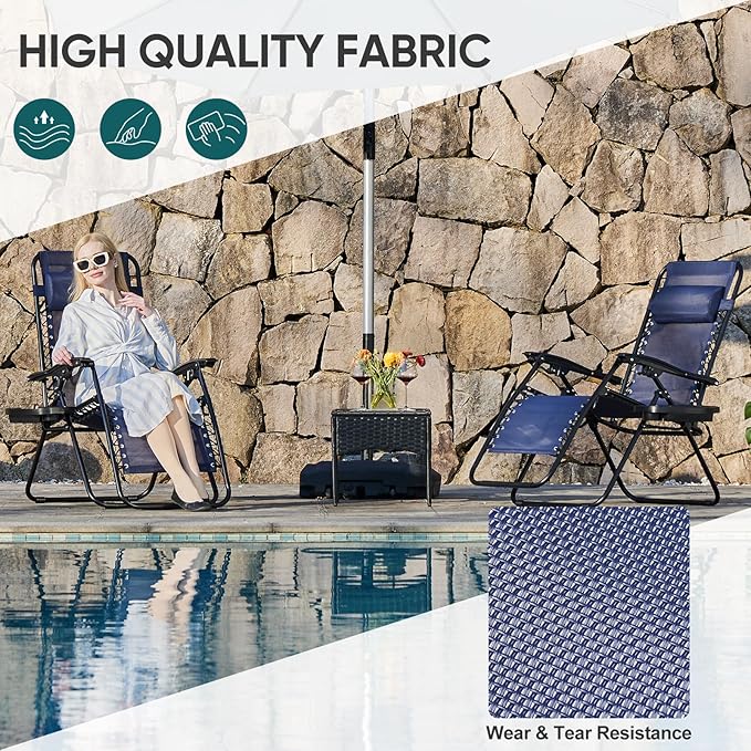 NEWBULIG Zero Gravity Chair Set of 4, Lounge Chair Folding Portable Adjustable Camping Reclining Chairs with Adjustable Pollow, Mesh Back, Cup Holder Trays Lawn Patio Chair for Pool Beach - Blue