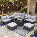 NICESOUL 10 Piece Modern Outdoor Patio Furniture Set with Firepit Natural Gas Propane Convertible, 29.3'' High Back Extra Large Size Wicker Conversation, Deep Wide Comfortable Couch for Outside, Grey