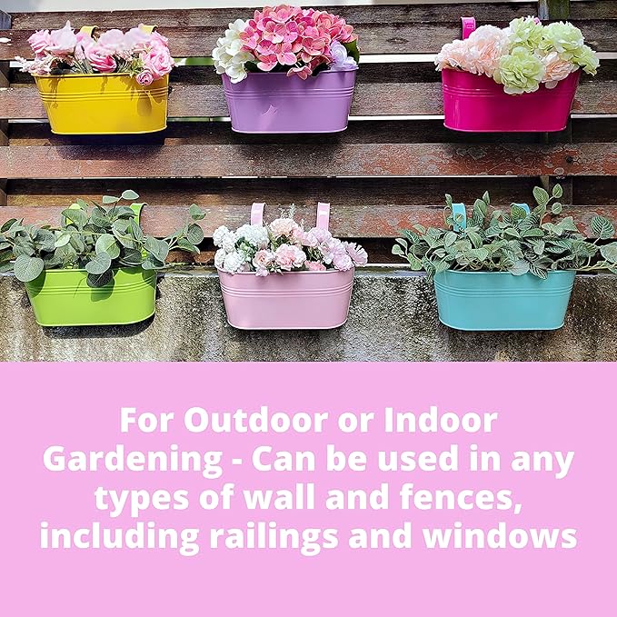 LaLaGreen Rail Planter Outdoor Plants (6 Pack, 9.8 Inch) Small and Cute Metal Iron Strawberry Hanging Flower Pot Deck Railing, Colorful Mini Fence Bucket Wall Mount Window Box Plant Holder Porch Decor