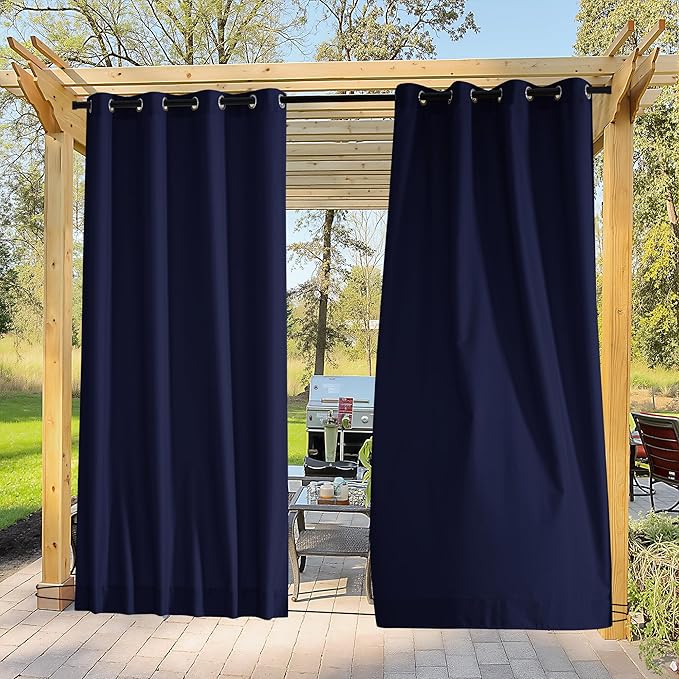 NICETOWN Canvas Outdoor Curtains for Paito 2 Panels, Dark Blue, W52 x L84 per Panel - Waterproof & Windproof Sun Shades with Grommet & Back Tab & Rod Pocket, Free Rope Included for Bottom Fixing