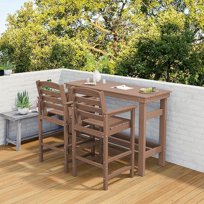 SERWALL Outdoor Bar Set - 4 Adirondack Bar Chairs & Bar Height Table with 1.6" Umbrella Hole, All-Weather HDPE Patio Furniture for Poolside, Backyard, Garden - Brown