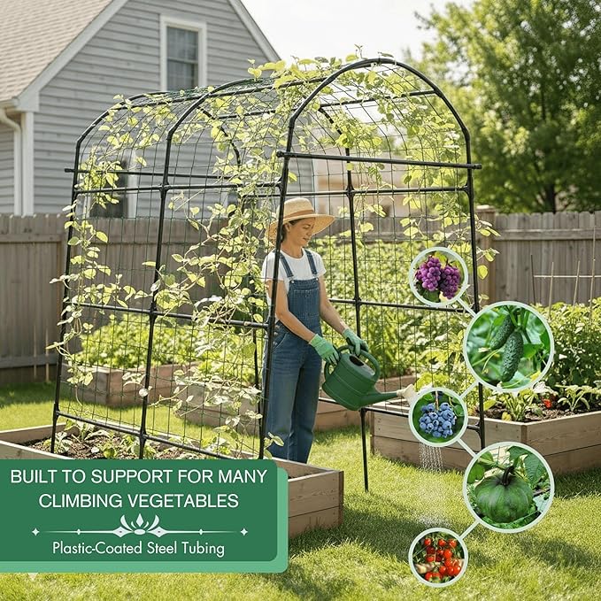 Garden Trellis Arch 7FT PP-Coated Stainless Steel Metal Extra Tall Cucumber Trellis Arch Garden Arch Trellis for Climbing Plants Outdoor Vegetable Trellis with Trellis Netting