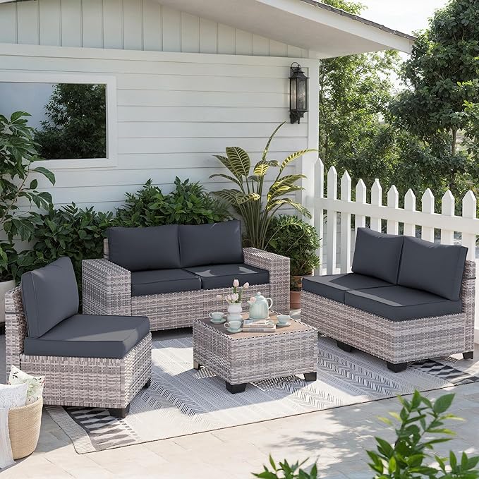 6-Piece Outdoor Patio Furniture Set Wicker Sectional Sofa Set, Patio Conversation Set with Thickened Cushions & Coffee Table for Garden, Backyard, Poolside, Dark Grey