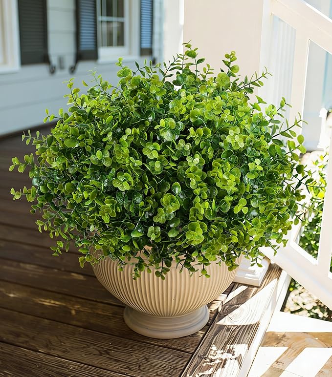 Artificial Faux Outdoor Plants for Spring Summer Decoration, 12 Bundles Fake Plastic Eucalyptus UV Resistant Look Real Fake Plants for Planter Outside Front Door Porch Patio Balcony Garden Indoor Yard