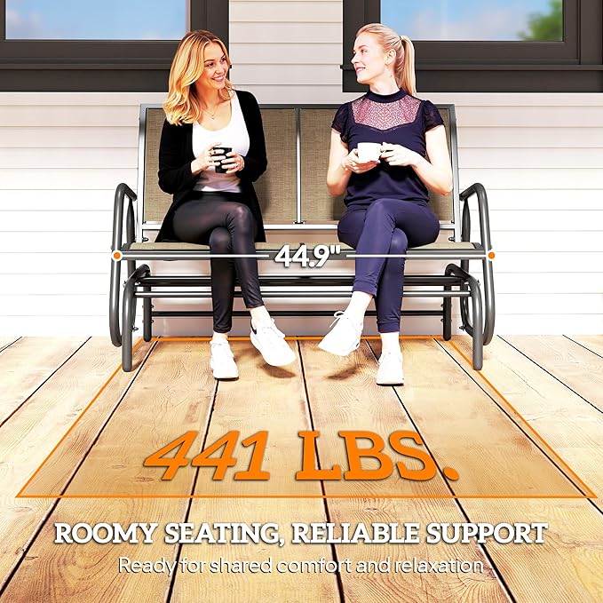 Outsunny 2-Person Outdoor Glider Bench, Patio Double Swing Rocking Chair Loveseat w/Powder Coated Steel Frame for Backyard Garden Porch, Light Mixed Brown