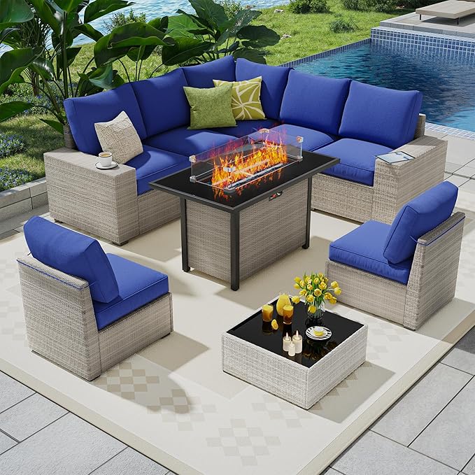 9 Piece Outdoor Patio Furniture Set with 43'' Fire Pit Table, Outdoor Sectional Furniture, Rattan & Wicker Modern Modular Conversation Set Sofa Couch W/Water Resistant Washable Thick Cushions, Blue