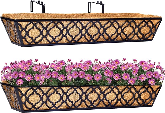2pcs 30 Inch Window Deck with Coco Liner, 30" Window Boxes Horse Trough with Coconut Coir Liner, Metal Hanging Flower Planter Window Basket Deck Railing Planter Boxes for Outdoor Indoor Lawn
