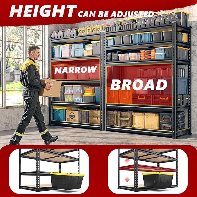 REIBII 2400LBS Storage Shelves 5 Tier Garage Shelving Heavy Duty Adjustable Garage Shelves, Utility Rack Shelf, Shelving Units for Storage Warehouse Pantry Closet, 35.5" W x 11.9" D x 72" H, 4 Pack