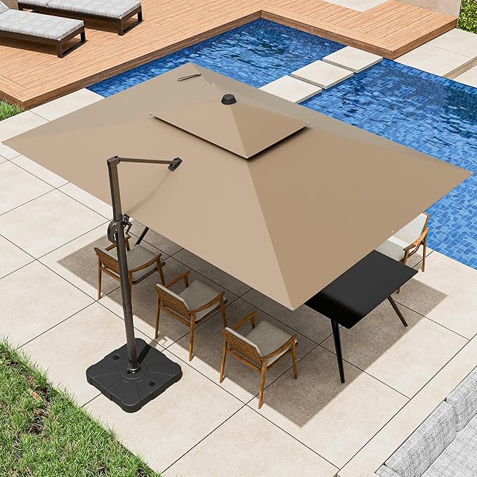 9x12FT Cantilever Patio Umbrella - Heavy Duty Double Layer Offset Design with 360° Rotation, Large Rectangle Sun Shade Umbrella for Garden, Deck, Pool, Backyard, Brown