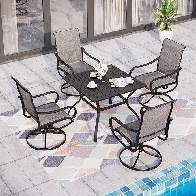 Sophia & William Patio Dining Set 5 Pieces Outdoor Furniture Set for 4 Patio Swivel Chairs Textilene Padded with 1 Metal Umbrella Table 6 Person for Lawn Garden