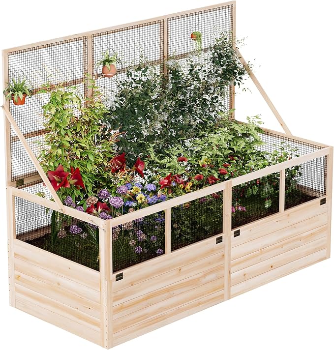 AMERLIFE Raised Garden Bed with Hinged Fencing and Trellis, 18 Inch Deepened Wood Planter Box, 2 PCS Flip-up Front Panel, Easy Assembly, Ideal for Seed Starting and Growing Vegetables & Fruits