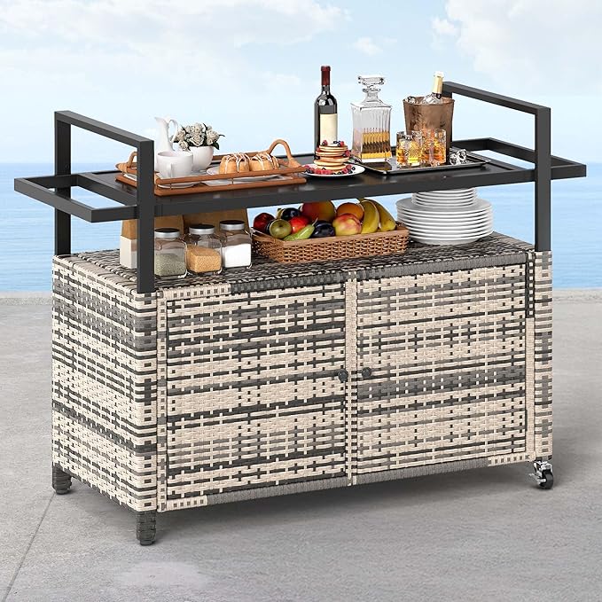 DWVO XXL Patio Storage Cabinet,Outdoor Bar Cart with Glass Top,Outdoor Storage Cabinet with Wheels for Patio, Poolside and Backyard, Grey