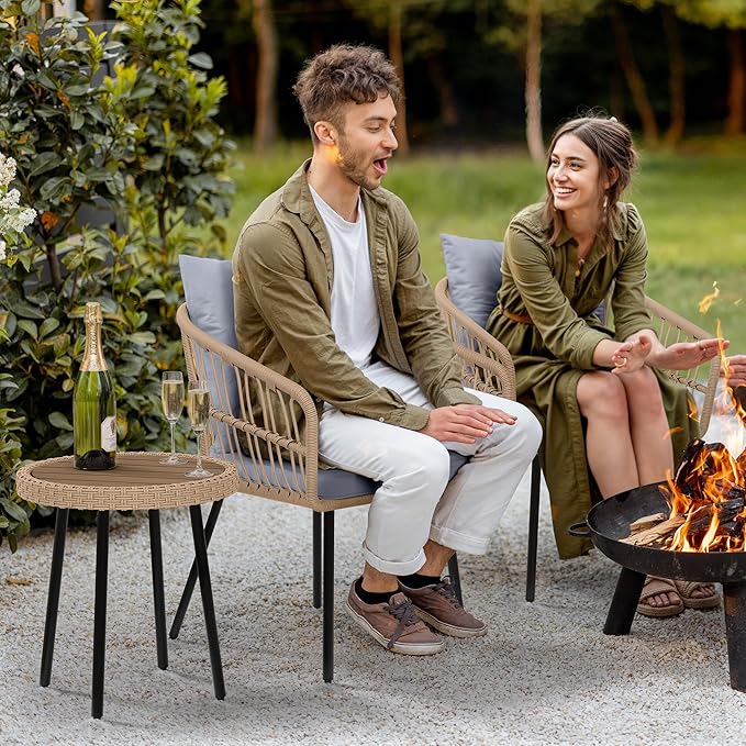 YITAHOME 3 Piece Bistro Set Outdoor with Thick Cushions&Table All-Weather Wicker Patio Furniture Set with Armrest Rattan Conversation Set for Balcony, Backyard, Pool, Porch, Deck - Grey