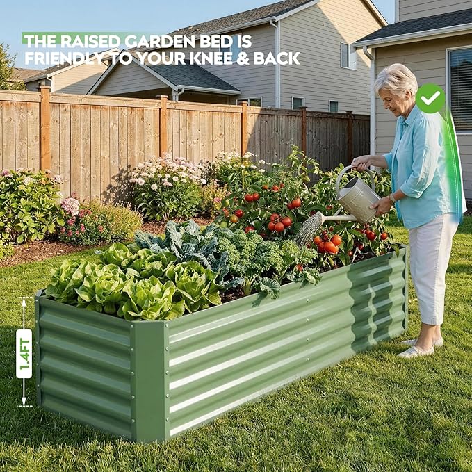 ZORMY 6×2×1.4ft Galvanized Raised Garden Bed Kit, Metal Planter Boxes Outdoor, High Raised Beds for Vegetables, Fruits, and Flowers - LotusGreen