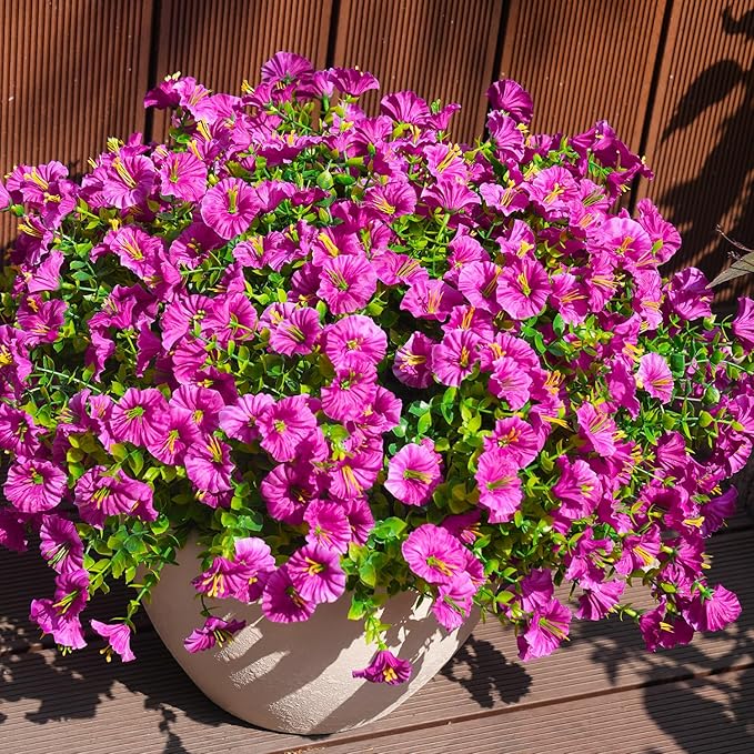 Artificial Flowers for Outdoors, UV Resistant Fake Silk Morning Glory, Realistic Faux Plants for Outside Porch Patio Window Box Hanging Planter (16, Fuchsia)