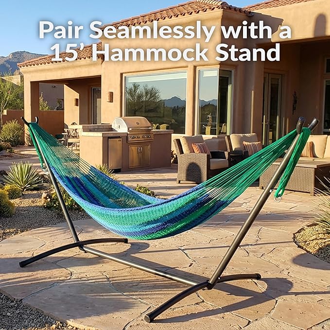 Sunnydaze Handwoven XXL Thick Cord Mayan Double Hammock for Outside - 625-Pound Capacity Heavy-Duty Outdoor Hammock - Tropical Lagoon